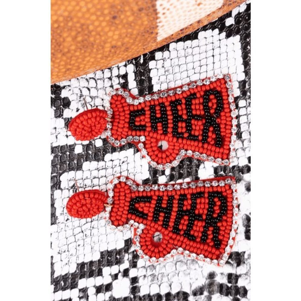 RED AND BLACK 'CHEER' MEGAPHONE SEED BEAD EARRINGS